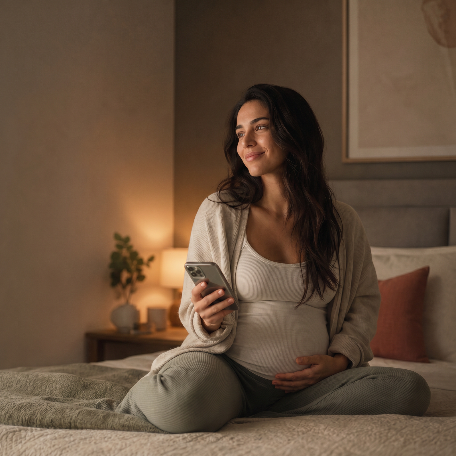 Expecting mother sitting calmly on bed with phone